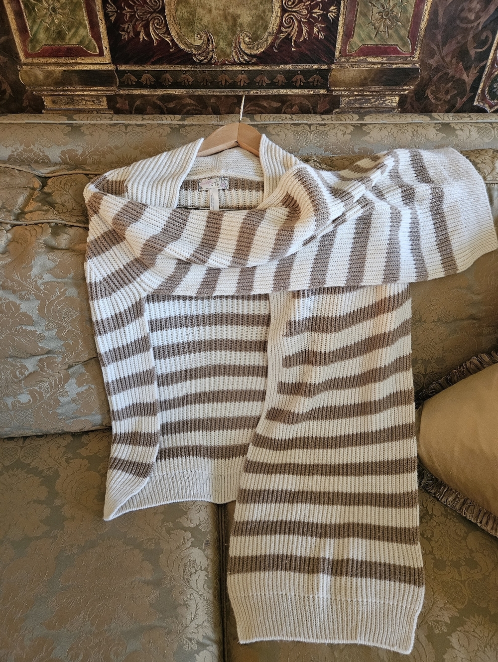 NWOT Free People Striped Shawl Collar Cardigan Sweater Womens  Camel Cream - Picture 3 of 17